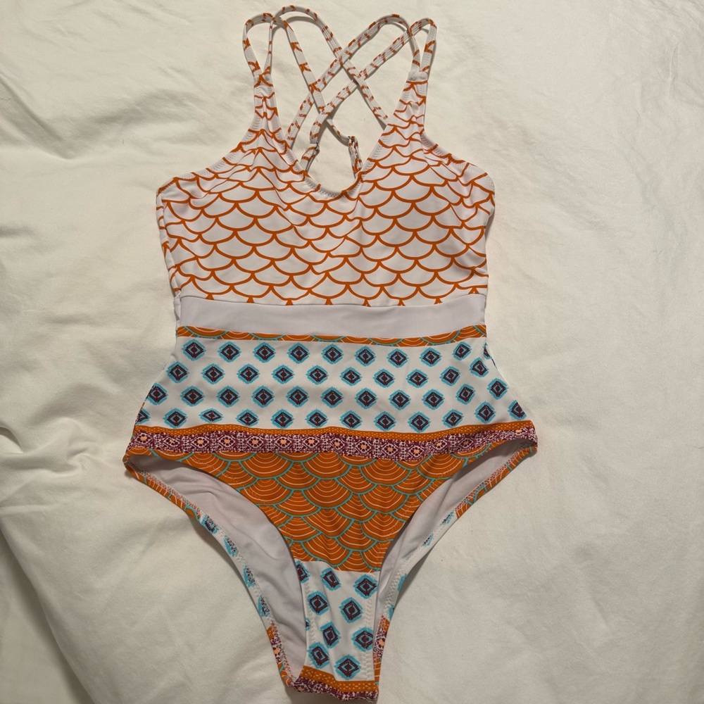 Orange and Blue Patterned Swimsuit